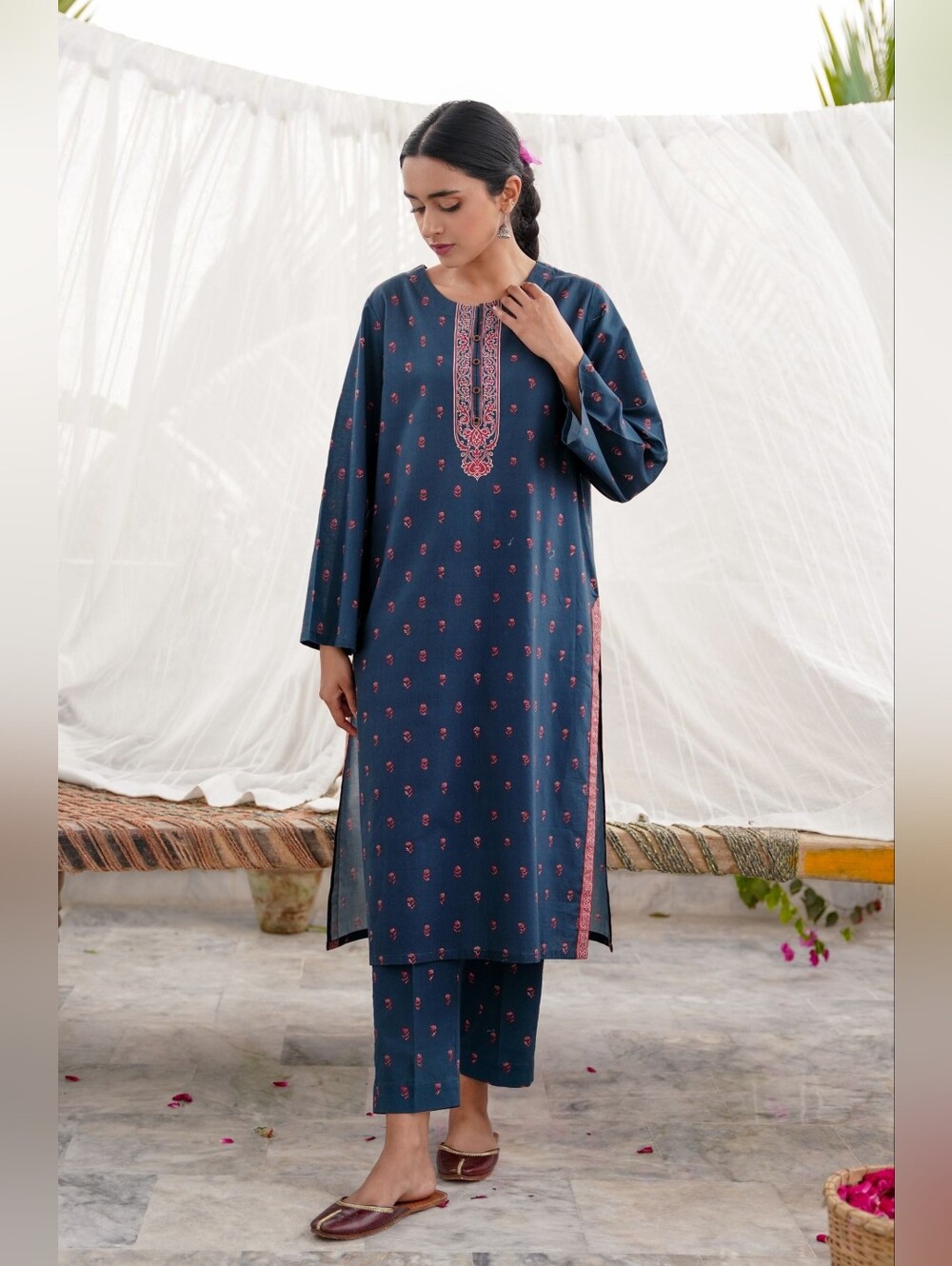 Manto Teal Green Long Shirt Kurta with Rust Accents, Size Large